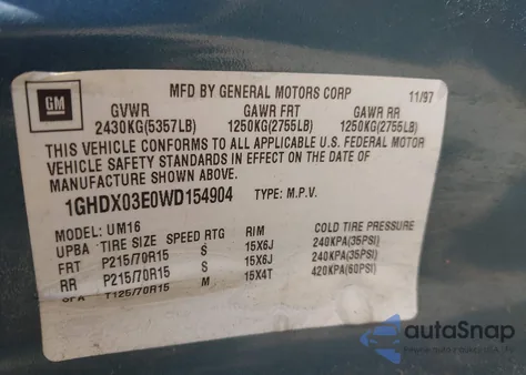 1998 Oldsmobile Silhouette Gls z USA, uszkodzony, nr VIN 1GHDX03E0WD154904